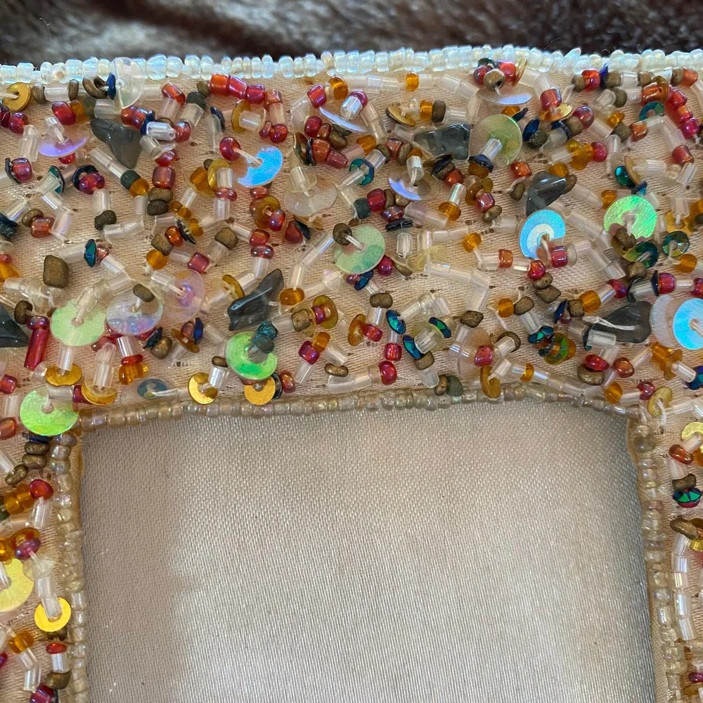 6” Square Beaded &‎ Sequined Cream Fabric Covered Photo Frame